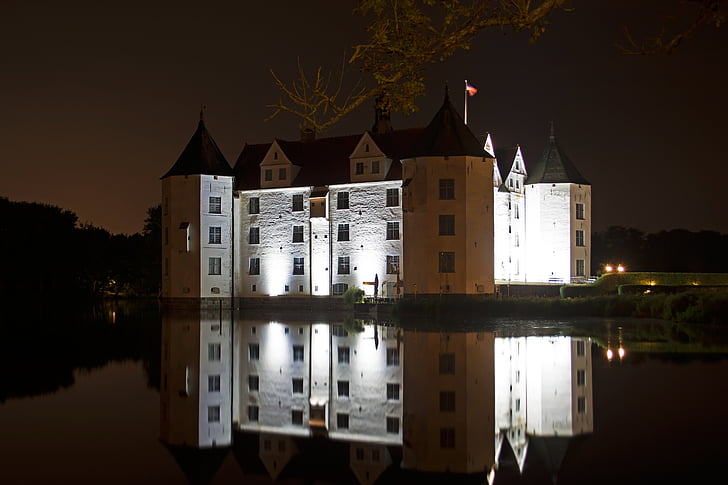 hrad, Glücksburg, vodný hrad, zrkadlenie, Mecklenburg, Wasserschloss glücksburg, reflexie