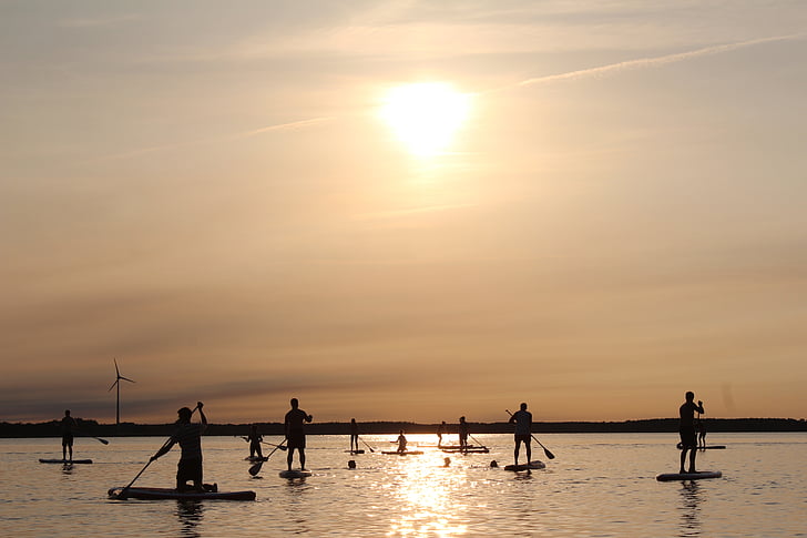 stand up paddle, paddle, sunset, sun, reflection, silhouette, water