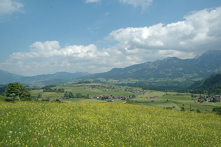 Obermaiselstein, alpesi park, nézet, hegyek, panoráma, rét, Allgäu