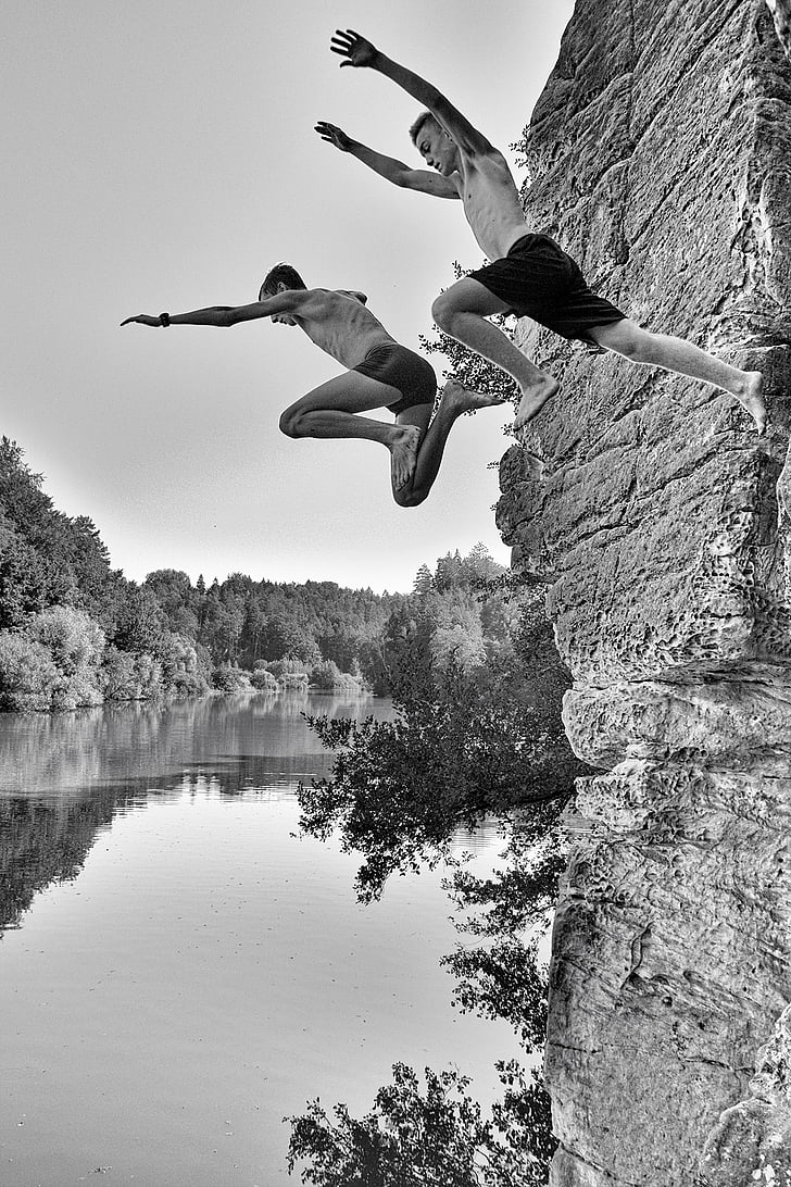 jumps into the pond, the pond věžák, boys, jumping, mid-air, tree, one person