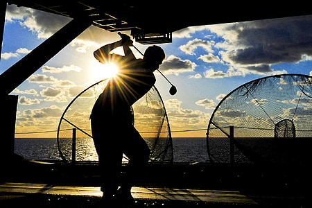 golfer, silhouette, club, sunset, ship, sea, practice
