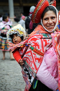 Perú, mercado, mujer, niña, sombrero, mantón, Cusco