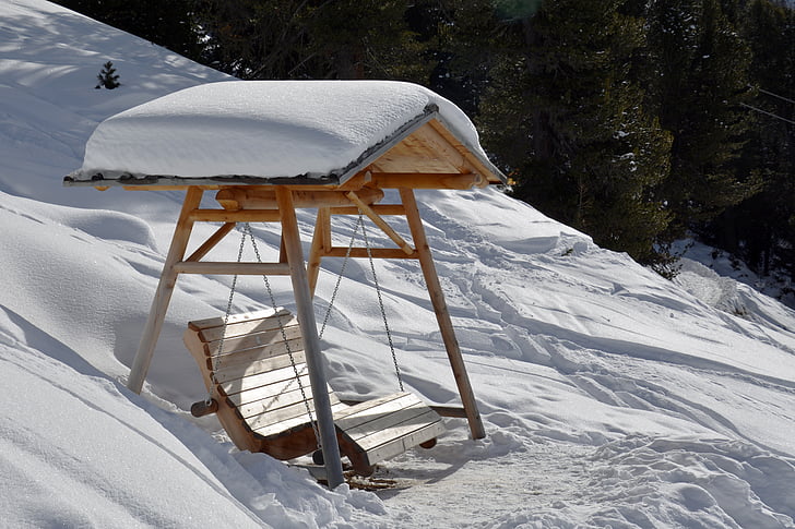 wooden swing, winter, rest, enjoy, bank, snow, landscape