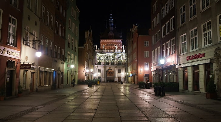 Architektura, pohled, město, Polsko, Gdaňsk, noční, tmavý