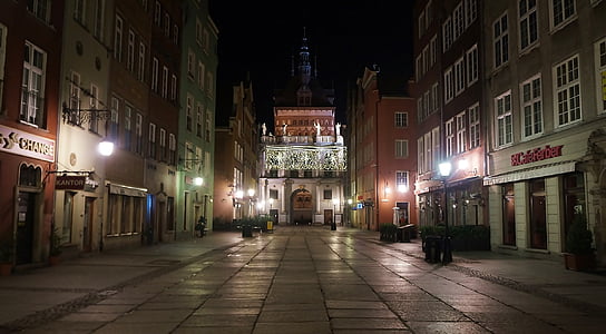 arkitektur, Visa, staden, Polen, Gdańsk, natt, mörka