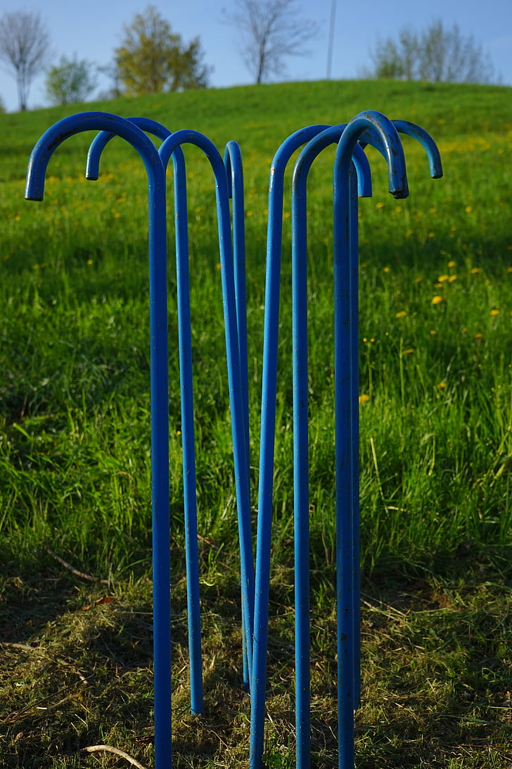walking sticks, blue, art, artwork, metal, grass, outdoors