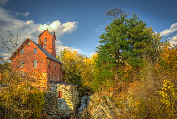 Vermont, gamla kvarnen, faller, hösten, vatten, landskap, arkitektur
