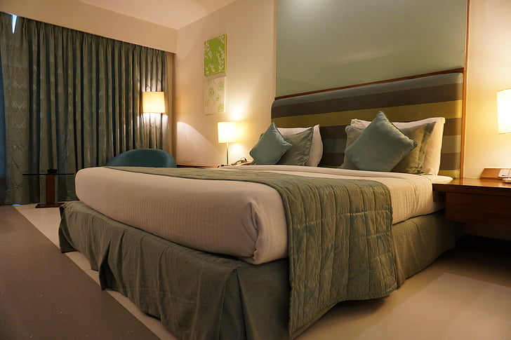 Hotel, pokoj, závěs, zelená, nábytek, postel, Hotelový pokoj