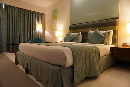 hotel, room, curtain, green, furniture, bed, hotel room
