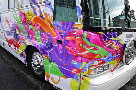 bus, colorful, white, vehicle, drive, graffiti, paint