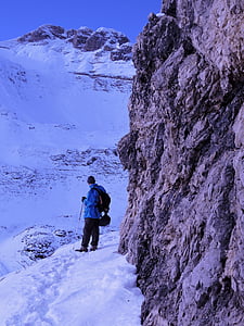 hiking, man, snow, mountain, mountaineering, rock, alps