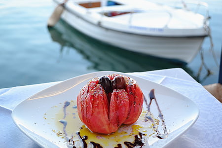 tomatsalat, mad ved havet, mad med udsigt, udendørs mad, mad, Seaside, landskab