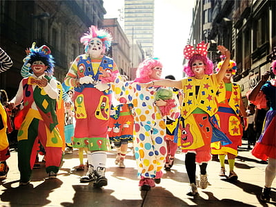 klaun, Parade, budovy, klauni, ľudia, výkon, zábava