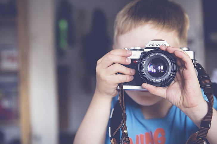 boy, camera, child, classic, lens, minolta, taking photo