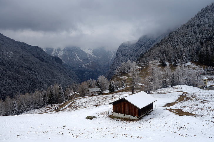 chalet, mountain, snow, switzerland, alps, landscape, house