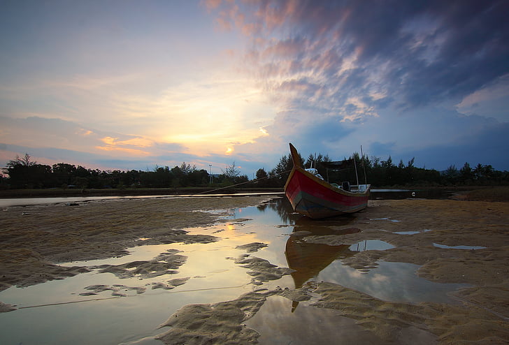 red, boat, brown, terrain, sunset, beach, sand