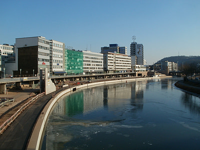 Berliner mesire, Saarbrücken, Saar, donmuş, Şubat, Waterfront, nehir