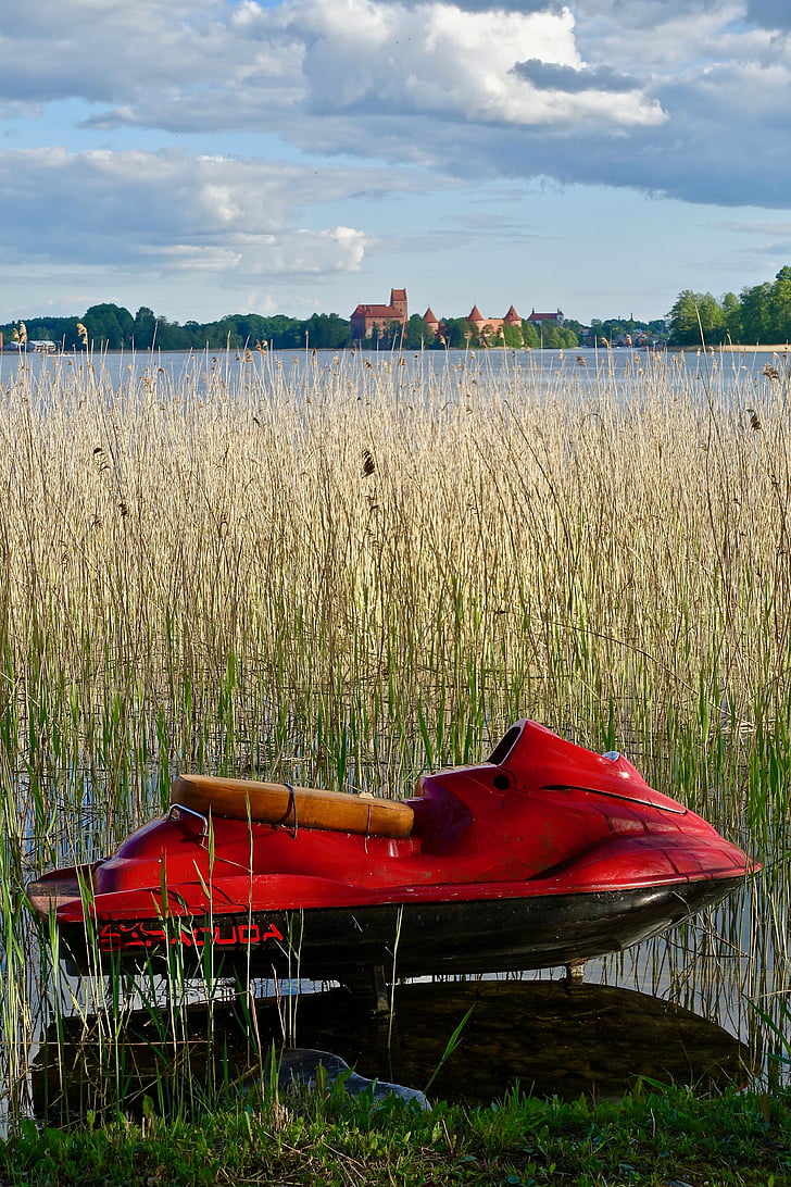 jetski, red, reeds, lake, boat, fun, sky