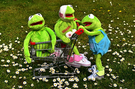 kermit, frog, plush toys, shopping cart, toys, play, funny