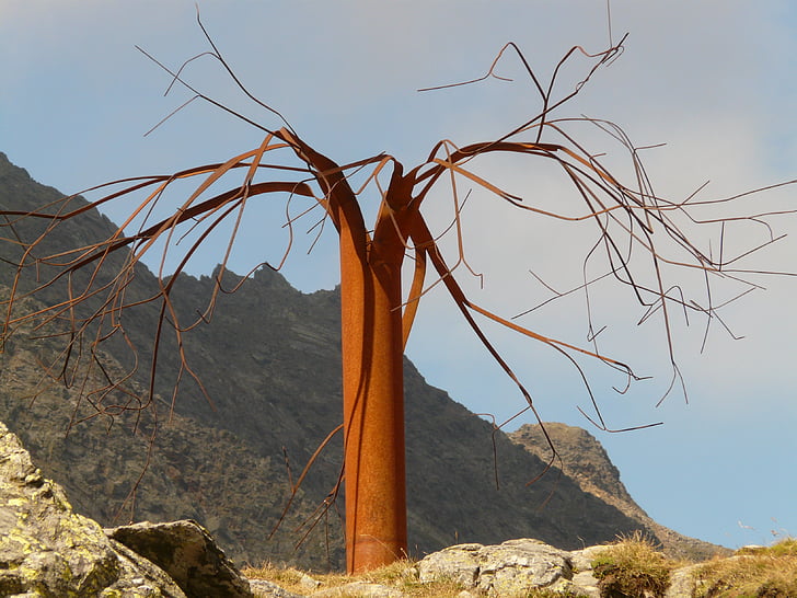 tree, abstract, metal, metal tree, timmelsjoch, art, mountain