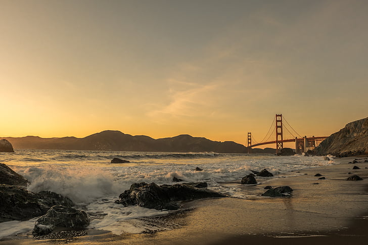 Ponte, Golden gate bridge, mare, oceano, barca a vela, tramonto, spiaggia