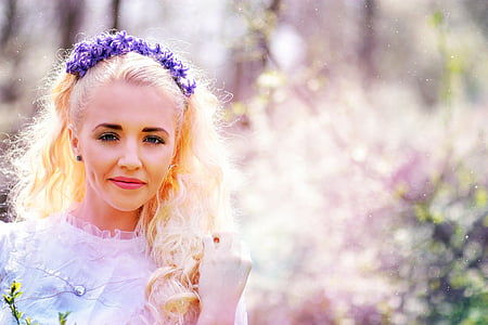 girl, spring, flowers, white, blue eyes, blonde, wreath