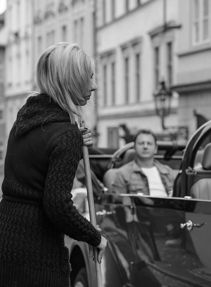 pensive, woman, passenger, car, street, life, city