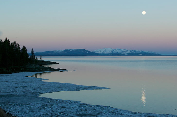 lake yellowstone, moon setting, night, dawn, sky, landscape, scenic