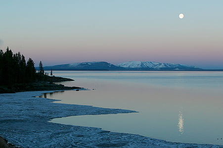 yellowstone Gölü, ay ayarı, gece, Şafak, gökyüzü, manzara, doğal