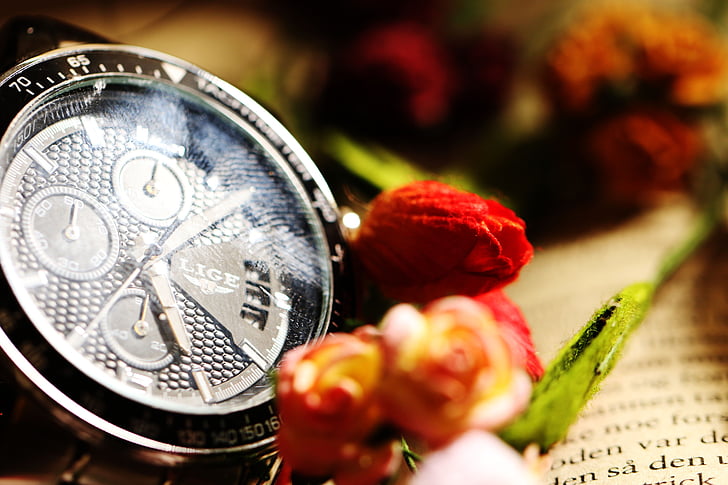 Watch, tid, ur, blomster, bog