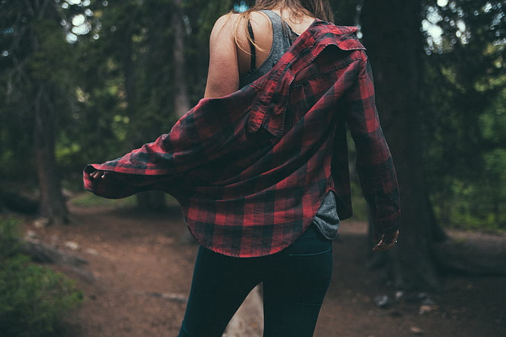 person, female, back, outdoor, forest, fashion, wear