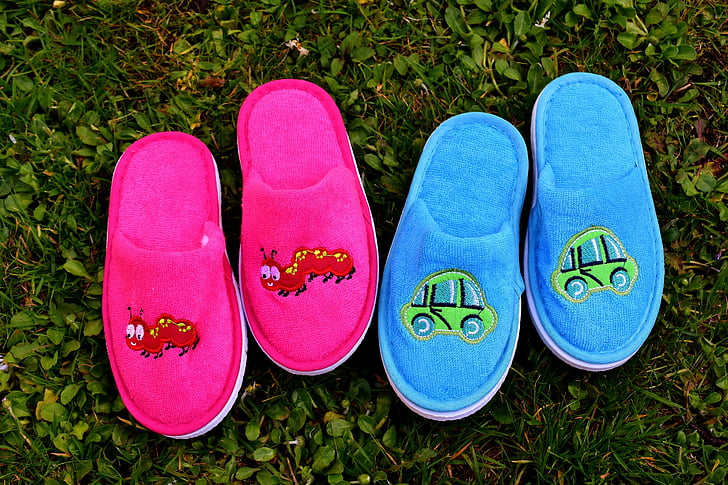 slippers, children, funny, cute, meadow, motive, pink