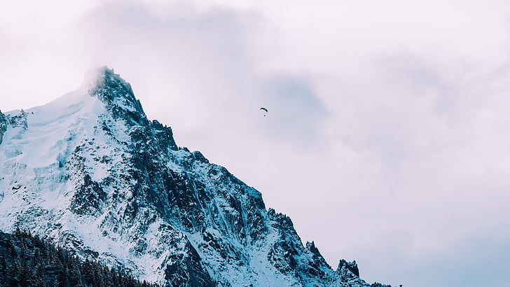 person, skydiving, day, time, mountain, valley, snow