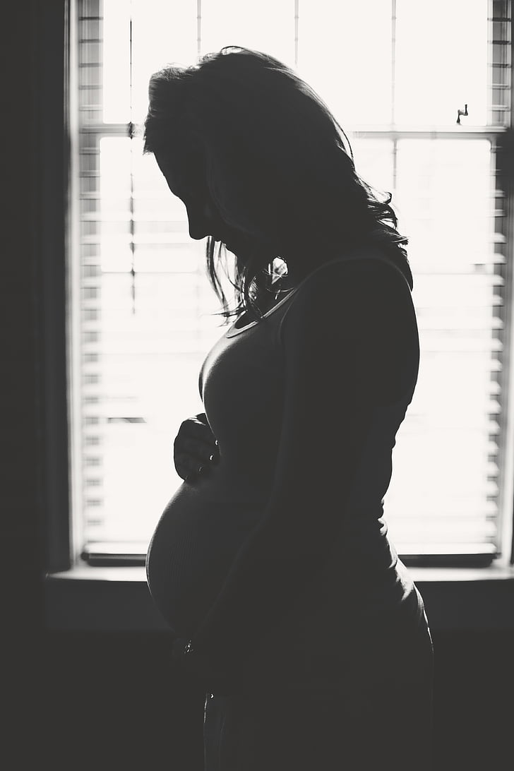 grayscale, photo, pregnant, woman, near, window, hand