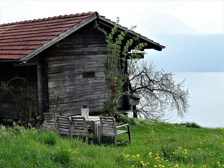 log cabin, capanna, Granaio, Lago, paesaggio