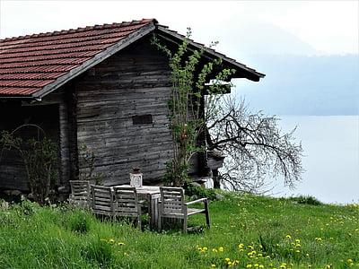 log cabin, hut, barn, lake, landscape