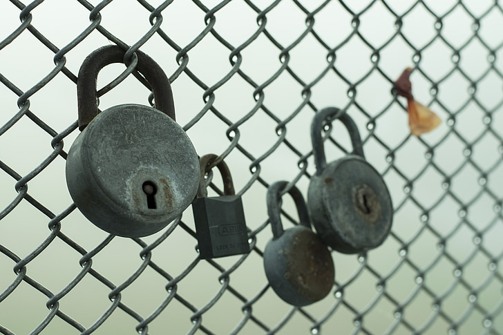 lock, fence, four, padlock, iron, steel