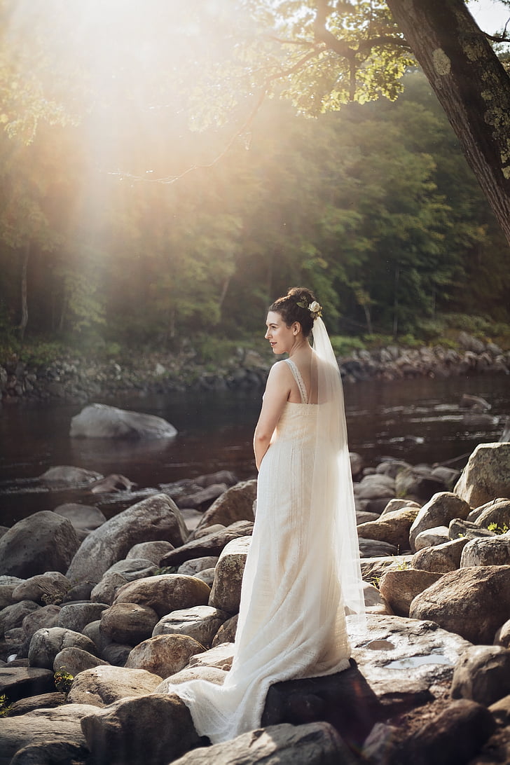 bride, girl, river, rocks, sun glare, sunny, trees
