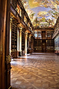 könyvtár, történelmi, festészet, fény, Prága, épület