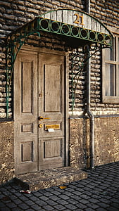 door, wallet, downpipe, cobblestones, masonry, wooden door, 3d