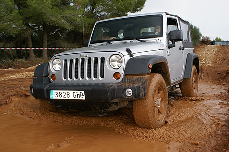 jeep, puddle, mud, auto, terrain