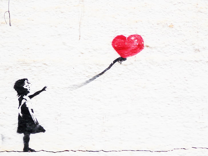 Grafit, duvar, oynayan çocuk, kalp, Kız, aşk, romantizm