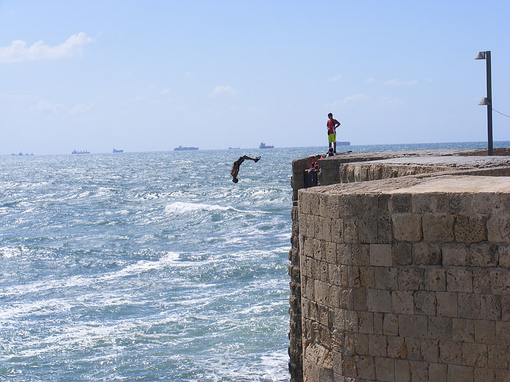cliff jump, dock, quay, pier, jumping, water, sea
