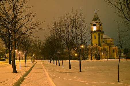 dorgog, Hungary, thành phố, đêm, buổi tối, đèn chiếu sáng, mùa đông