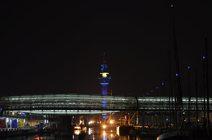 foto malam, Menara radar, Jembatan kaca, anggota Dewan, Bremerhaven, malam, arsitektur