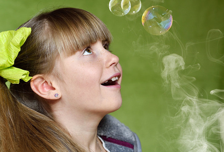 child, girl, face, view, soap bubbles, smoke