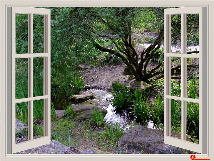 okno, zahrada, okenní rámy, aplikace Outlook, Bach, malý potok, parku
