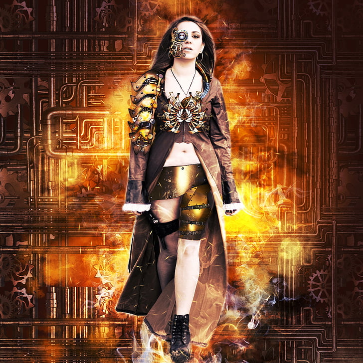 girl, steampunk, long coat, gear, background, eye, fire