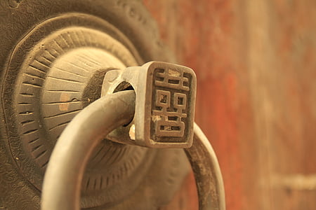 durų rankena, rausvos frezijos, senovėje, užraktas, saugumo, detalus vaizdas, senas