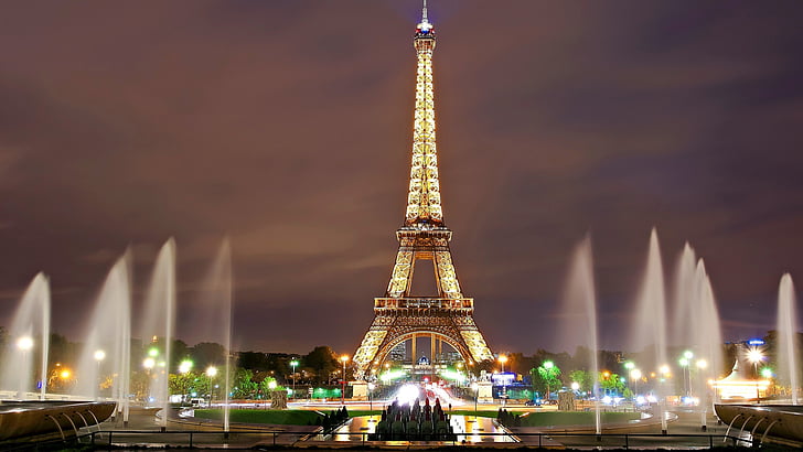Eiffel-torni, valot, suihkulähteet, Twilight, City, kaupunkien, Pariisi